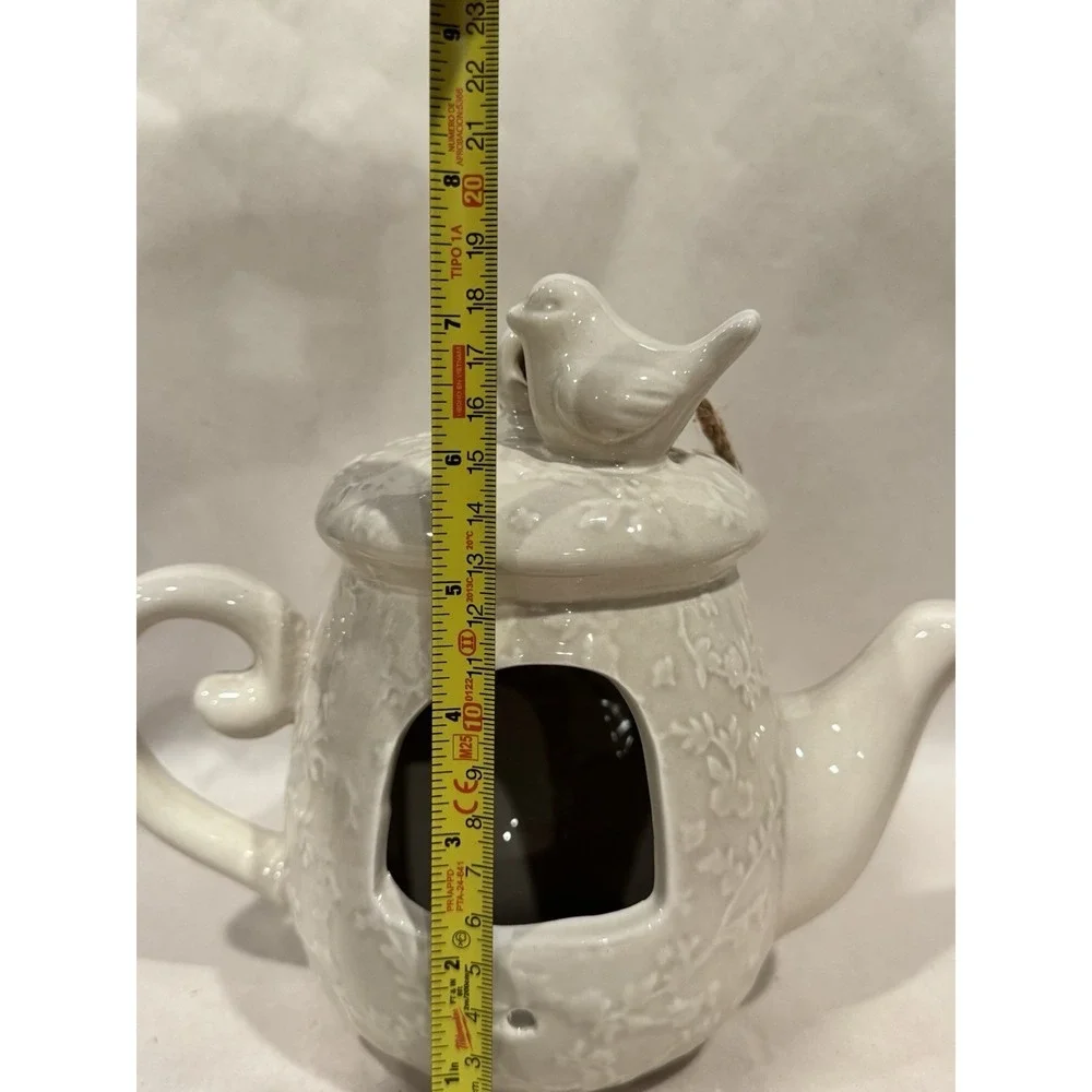 Vintage Hanging Ceramic Pottery‎ Tea Pot Birdhouse White Cream Color 7.5